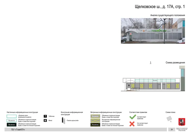 Щелковское ш., д. 17А, стр. 1 · PDF 24 Архитектурная концепция размещения вывесок — Щелковское шоссе, 17А, стр. 1, Москва, страница PDF 24 · Документ по адресу · АХК № 2655 от 03.12.2025