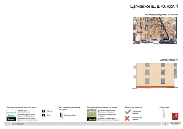 Щелковское ш., д. 43, корп. 1 · PDF 45 Архитектурная концепция размещения вывесок — Щелковское шоссе, 43, корп. 1, Москва, страница PDF 45 · Документ по адресу · АХК № 2655 от 03.12.2025