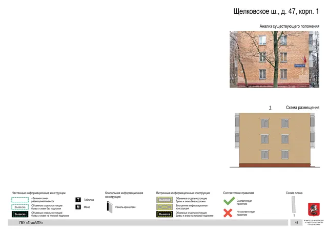Щелковское ш., д. 47, корп. 1 · PDF 48 Архитектурная концепция размещения вывесок — Щелковское шоссе, 47, корп. 1, Москва, страница PDF 48 · Документ по адресу · АХК № 2655 от 03.12.2025