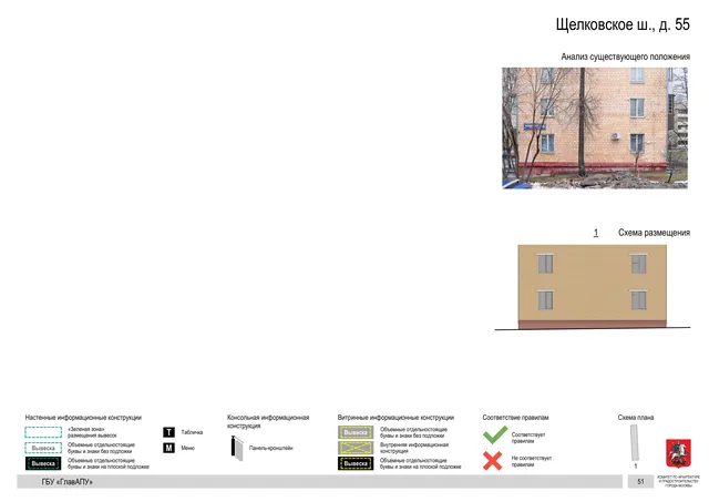 Щелковское ш., д. 55 · PDF 51 Архитектурная концепция размещения вывесок — Щелковское шоссе, 55, Москва, страница PDF 51 · Документ по адресу · АХК № 2655 от 03.12.2025