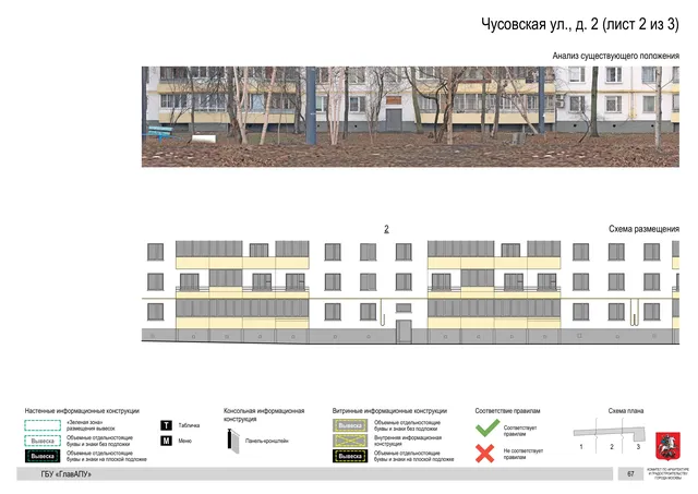 Чусовская ул., д. 2 (лист 2 из 3) · PDF 67 Архитектурная концепция размещения вывесок — Чусовская улица, 2, Москва, лист 2 из 3 · Документ по адресу · АХК № 2655 от 03.12.2025