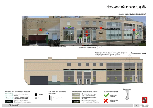 Архитектурная концепция размещения вывесок — Нахимовский проспект, 56, Москва, страница PDF 12 · Документ по адресу · Архитектурно-художественная концепция · 2016 год