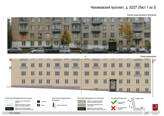 Архитектурная концепция размещения вывесок — Нахимовский проспект, 52/27, Москва, лист 1 из 3 · Документ по адресу · Архитектурно-художественная концепция · 2016 год