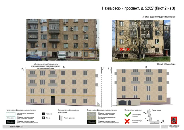 Архитектурная концепция размещения вывесок — Нахимовский проспект, 52/27, Москва, лист 2 из 3 · Документ по адресу · Архитектурно-художественная концепция · 2016 год
