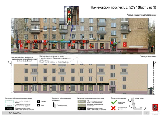 Архитектурная концепция размещения вывесок — Нахимовский проспект, 52/27, Москва, лист 3 из 3 · Документ по адресу · Архитектурно-художественная концепция · 2016 год