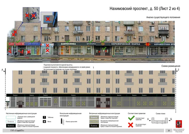 Архитектурная концепция размещения вывесок — Нахимовский проспект, 50, Москва, лист 2 из 4 · Документ по адресу · Архитектурно-художественная концепция · 2016 год