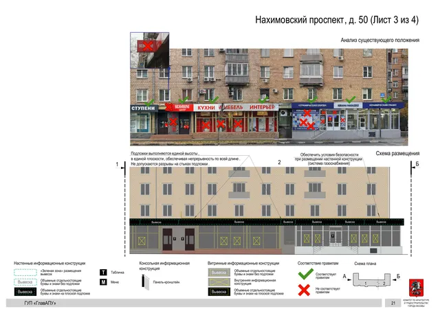 Архитектурная концепция размещения вывесок — Нахимовский проспект, 50, Москва, лист 3 из 4 · Документ по адресу · Архитектурно-художественная концепция · 2016 год