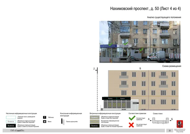 Архитектурная концепция размещения вывесок — Нахимовский проспект, 50, Москва, лист 4 из 4 · Документ по адресу · Архитектурно-художественная концепция · 2016 год