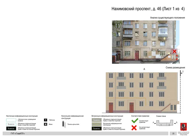 Архитектурная концепция размещения вывесок — Нахимовский проспект, 46, Москва, лист 1 из 4 · Документ по адресу · Архитектурно-художественная концепция · 2016 год