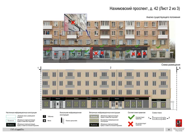 Архитектурная концепция размещения вывесок — Нахимовский проспект, 42, Москва, лист 2 из 3 · Документ по адресу · Архитектурно-художественная концепция · 2016 год
