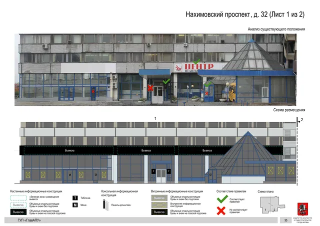 Архитектурная концепция размещения вывесок — Нахимовский проспект, 32, Москва, лист 1 из 2 · Документ по адресу · Архитектурно-художественная концепция · 2016 год