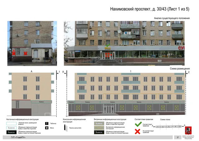 Архитектурная концепция размещения вывесок — Нахимовский проспект, 30/43, Москва, лист 1 из 5 · Документ по адресу · Архитектурно-художественная концепция · 2016 год