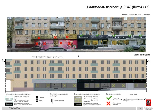 Архитектурная концепция размещения вывесок — Нахимовский проспект, 30/43, Москва, лист 4 из 5 · Документ по адресу · Архитектурно-художественная концепция · 2016 год
