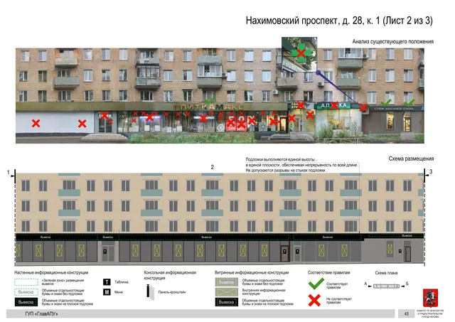 Архитектурная концепция размещения вывесок — Нахимовский проспект, 28, корп. 1, Москва, лист 2 из 3 · Документ по адресу · Архитектурно-художественная концепция · 2016 год