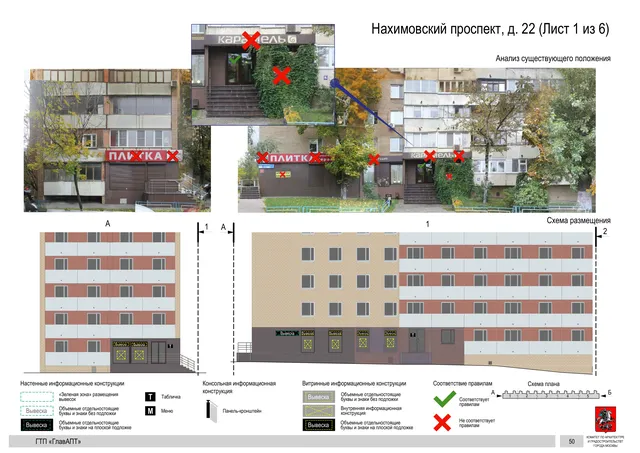 Архитектурная концепция размещения вывесок — Нахимовский проспект, 22, Москва, лист 1 из 6 · Документ по адресу · Архитектурно-художественная концепция · 2016 год
