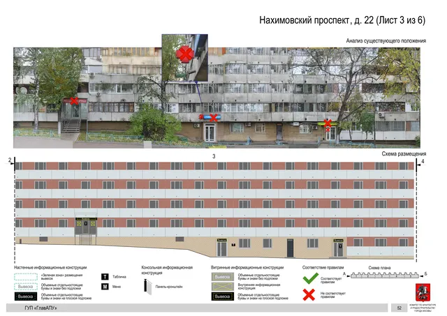 Архитектурная концепция размещения вывесок — Нахимовский проспект, 22, Москва, лист 3 из 6 · Документ по адресу · Архитектурно-художественная концепция · 2016 год