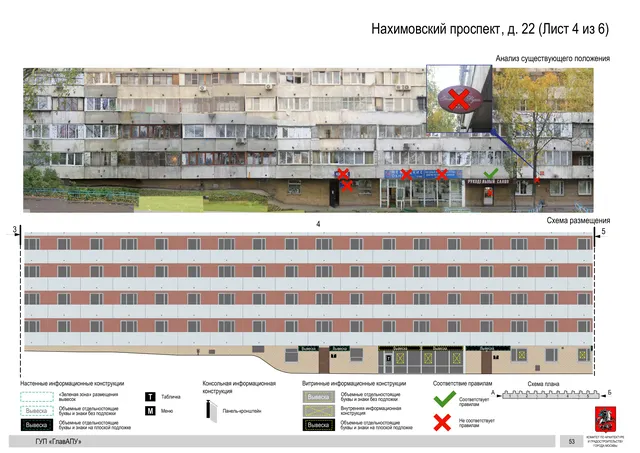 Архитектурная концепция размещения вывесок — Нахимовский проспект, 22, Москва, лист 4 из 6 · Документ по адресу · Архитектурно-художественная концепция · 2016 год