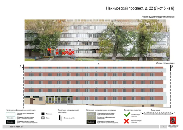Архитектурная концепция размещения вывесок — Нахимовский проспект, 22, Москва, лист 5 из 6 · Документ по адресу · Архитектурно-художественная концепция · 2016 год