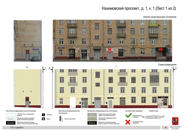 Архитектурная концепция размещения вывесок — Нахимовский проспект, 1, корп. 1, Москва, лист 1 из 2 · Документ по адресу · Архитектурно-художественная концепция · 2016 год
