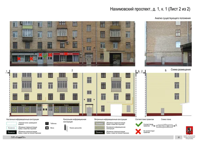 Архитектурная концепция размещения вывесок — Нахимовский проспект, 1, корп. 1, Москва, лист 2 из 2 · Документ по адресу · Архитектурно-художественная концепция · 2016 год