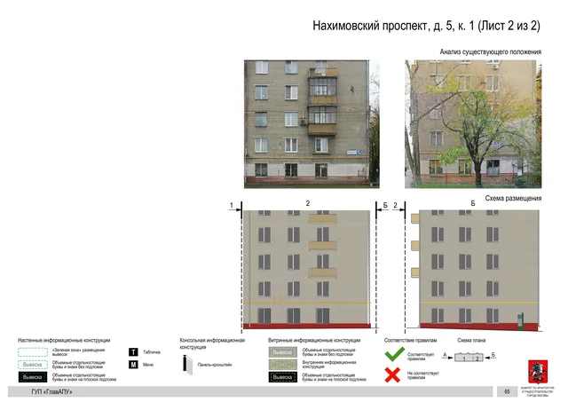 Архитектурная концепция размещения вывесок — Нахимовский проспект, 5, корп. 1, Москва, лист 2 из 2 · Документ по адресу · Архитектурно-художественная концепция · 2016 год