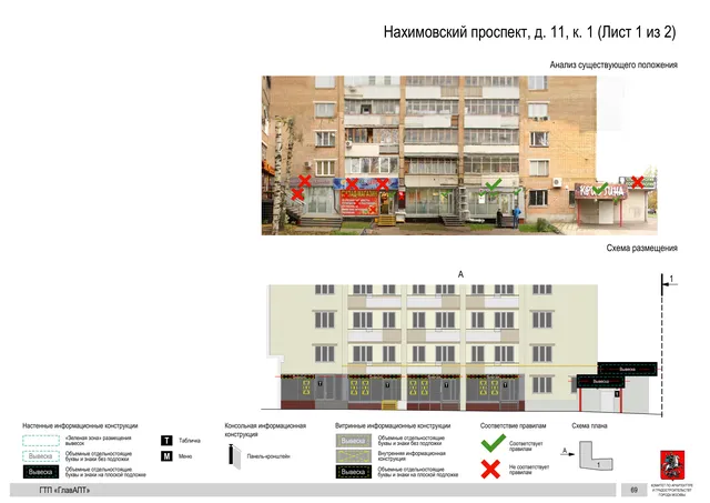 Архитектурная концепция размещения вывесок — Нахимовский проспект, 11, корп. 1, Москва, лист 1 из 2 · Документ по адресу · Архитектурно-художественная концепция · 2016 год