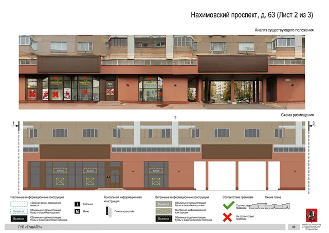 Архитектурная концепция размещения вывесок — Нахимовский проспект, 63, Москва, лист 2 из 3 · Документ по адресу · Архитектурно-художественная концепция · 2016 год