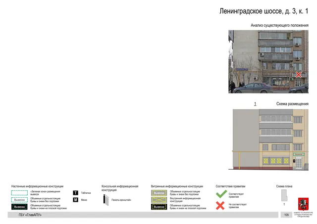 Архитектурная концепция размещения вывесок — Ленинградское шоссе, 3, корп. 1, Москва, страница PDF 108 · Документ по адресу · Архитектурно-художественная концепция · 2020 год
