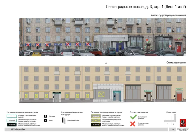Архитектурная концепция размещения вывесок — Ленинградское шоссе, 3, стр. 1, Москва, лист 1 из 2 · Документ по адресу · Архитектурно-художественная концепция · 2020 год