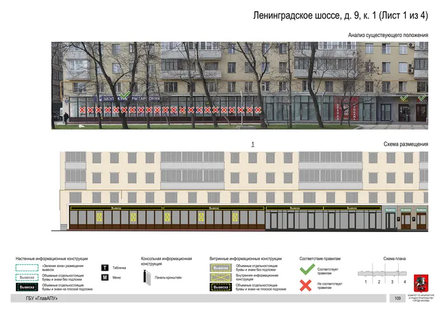Архитектурная концепция размещения вывесок — Ленинградское шоссе, 9, корп. 1, Москва, лист 1 из 4 · Документ по адресу · Архитектурно-художественная концепция · 2020 год