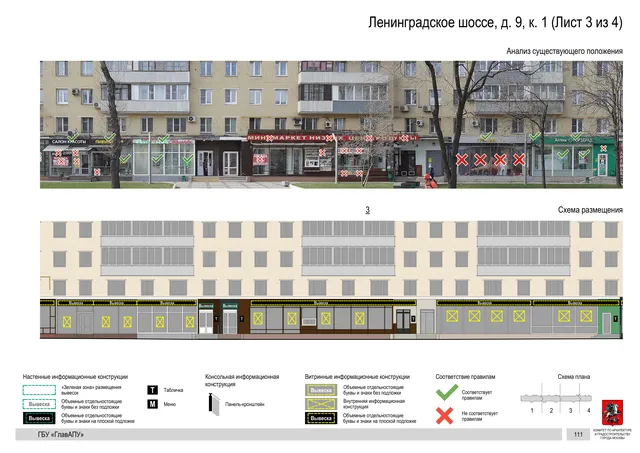 Архитектурная концепция размещения вывесок — Ленинградское шоссе, 9, корп. 1, Москва, лист 3 из 4 · Документ по адресу · Архитектурно-художественная концепция · 2020 год