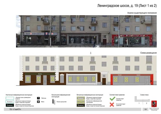 Архитектурная концепция размещения вывесок — Ленинградское шоссе, 19, Москва, лист 1 из 2 · Документ по адресу · Архитектурно-художественная концепция · 2020 год
