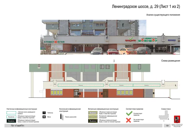 Архитектурная концепция размещения вывесок — Ленинградское шоссе, 29, Москва, лист 1 из 2 · Документ по адресу · Архитектурно-художественная концепция · 2020 год