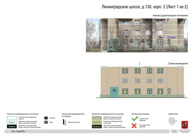 Архитектурная концепция размещения вывесок — Ленинградское шоссе, 130, корп. 2, Москва, лист 1 из 2 · Документ по адресу · Архитектурно-художественная концепция · 2020 год