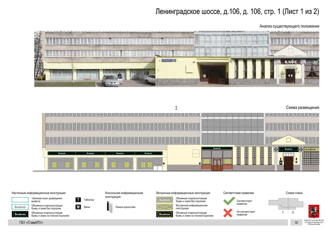 Архитектурная концепция размещения вывесок — Ленинградское шоссе, 106, стр. 1, Москва, лист 1 из 2 · Документ по адресу · Архитектурно-художественная концепция · 2020 год