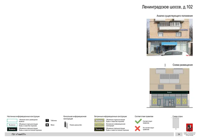 Архитектурная концепция размещения вывесок — Ленинградское шоссе, 102, Москва, страница PDF 36 · Документ по адресу · Архитектурно-художественная концепция · 2020 год