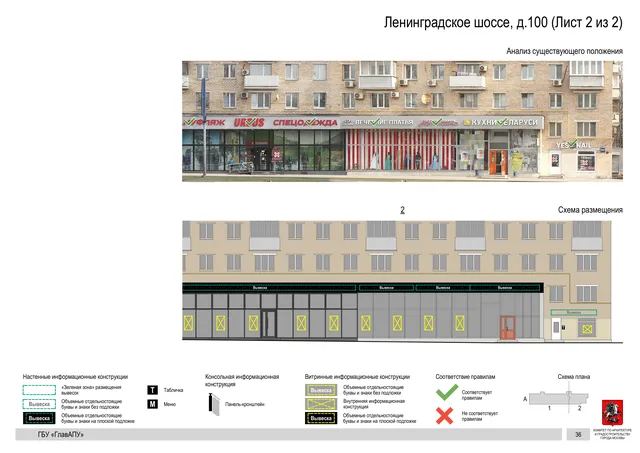 Архитектурная концепция размещения вывесок — Ленинградское шоссе, 100, Москва, лист 2 из 2 · Документ по адресу · Архитектурно-художественная концепция · 2020 год
