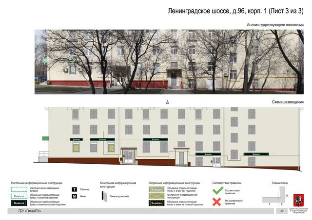 Архитектурная концепция размещения вывесок — Ленинградское шоссе, 96, корп. 1, Москва, лист 3 из 3 · Документ по адресу · Архитектурно-художественная концепция · 2020 год