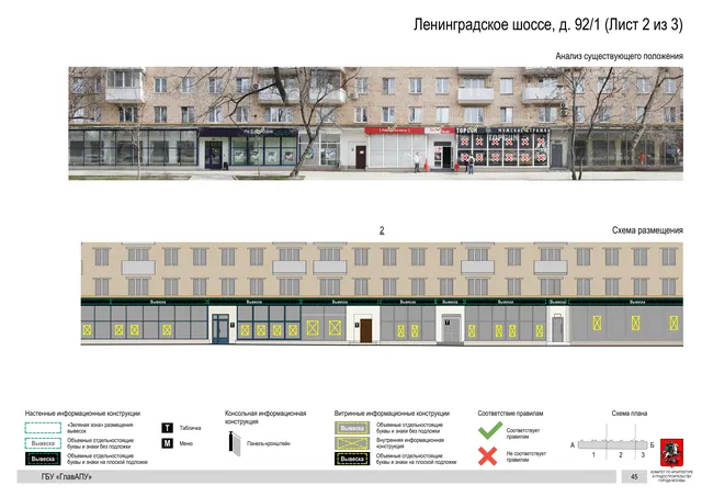 Архитектурная концепция размещения вывесок — Ленинградское шоссе, 92/1, Москва, лист 2 из 3 · Документ по адресу · Архитектурно-художественная концепция · 2020 год