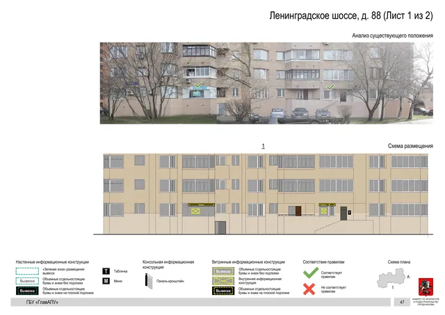 Архитектурная концепция размещения вывесок — Ленинградское шоссе, 88, Москва, лист 1 из 2 · Документ по адресу · Архитектурно-художественная концепция · 2020 год