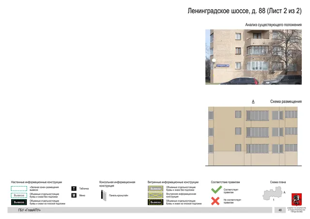 Архитектурная концепция размещения вывесок — Ленинградское шоссе, 88, Москва, лист 2 из 2 · Документ по адресу · Архитектурно-художественная концепция · 2020 год
