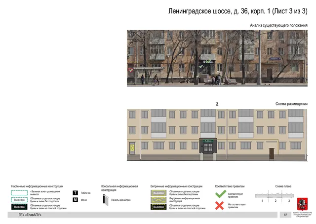 Архитектурная концепция размещения вывесок — Ленинградское шоссе, 36, корп. 1, Москва, лист 3 из 3 · Документ по адресу · Архитектурно-художественная концепция · 2020 год