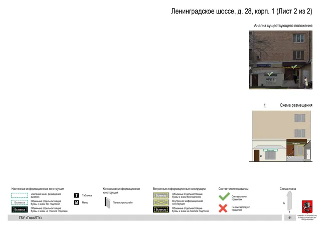 Архитектурная концепция размещения вывесок — Ленинградское шоссе, 28, корп. 1, Москва, лист 2 из 2 · Документ по адресу · Архитектурно-художественная концепция · 2020 год