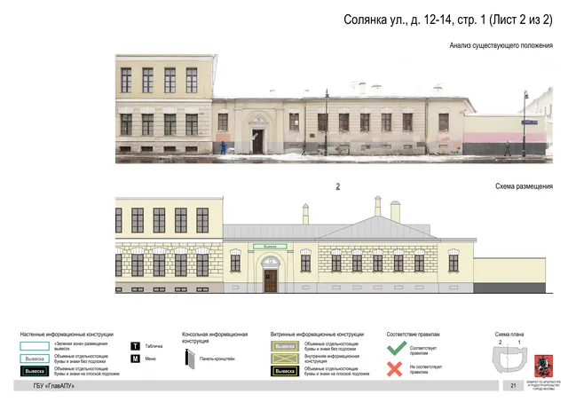 Архитектурная концепция размещения вывесок — Солянка улица, 12-14, стр. 1, Москва, лист 2 из 2 · Документ по адресу · Архитектурно-художественная концепция