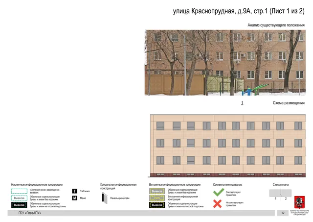 Архитектурная концепция размещения вывесок — Краснопрудная улица, 9А, стр. 1, Москва, лист 1 из 2 · Документ по адресу · Архитектурно-художественная концепция · 2019 год