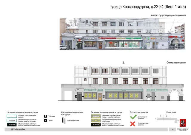 Архитектурная концепция размещения вывесок — Краснопрудная улица, 22-24, Москва, лист 1 из 5 · Документ по адресу · Архитектурно-художественная концепция · 2019 год