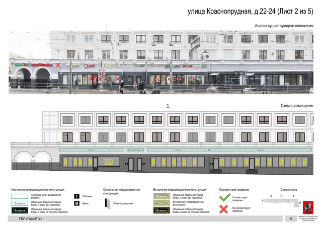 Архитектурная концепция размещения вывесок — Краснопрудная улица, 22-24, Москва, лист 2 из 5 · Документ по адресу · Архитектурно-художественная концепция · 2019 год