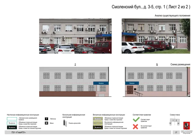 Архитектурная концепция размещения вывесок — Смоленский бульвар, 3-5, стр. 1, Москва, лист 2 из 2 · Документ по адресу · Архитектурно-художественная концепция · 2018 год