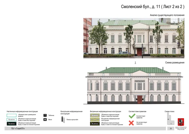 Архитектурная концепция размещения вывесок — Смоленский бульвар, 11, Москва, лист 2 из 2 · Документ по адресу · Архитектурно-художественная концепция · 2018 год