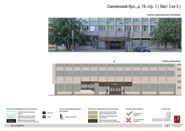 Архитектурная концепция размещения вывесок — Смоленский бульвар, 19, стр. 1, Москва, лист 3 из 3 · Документ по адресу · Архитектурно-художественная концепция · 2018 год